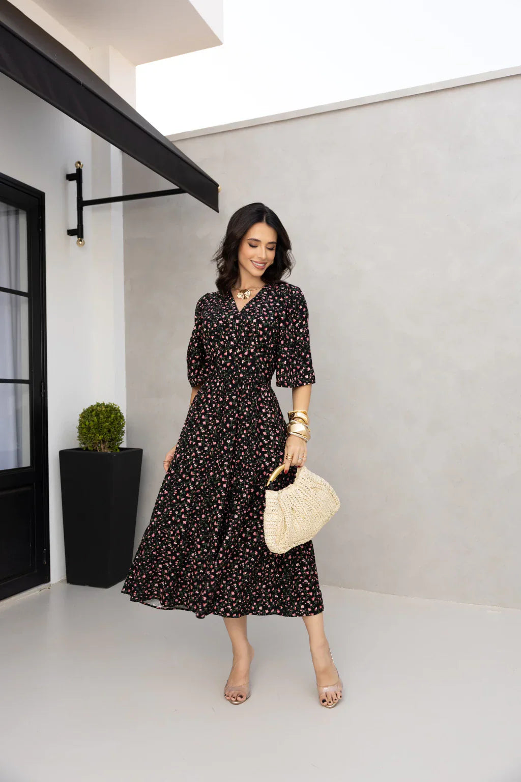 Vestido midi preto floral REF. 9145