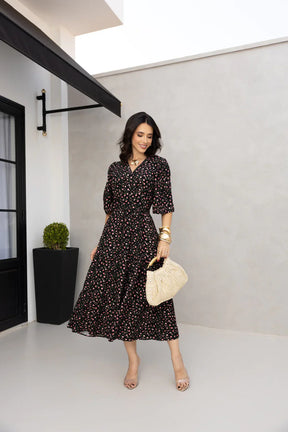 Vestido midi preto floral REF. 9145