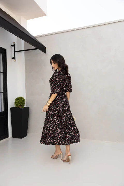 Vestido midi preto floral REF. 9145