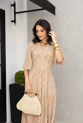 Vestido midi bege floral REF. 9145